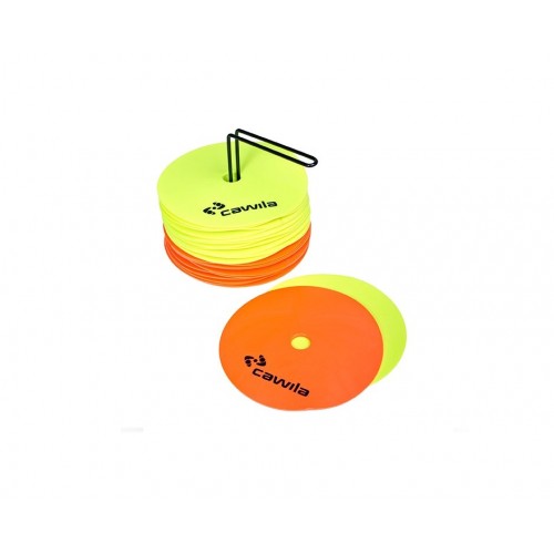 Cawila floor marker set of 24 incl. holder | Marker disks, 12 x yellow and 12 x orange